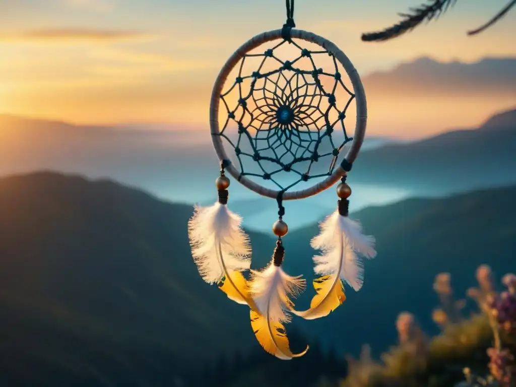 Un atrapasueños artesanal cuelga frente a un atardecer pintoresco, mostrando detalles de tejido e plumas vibrantes