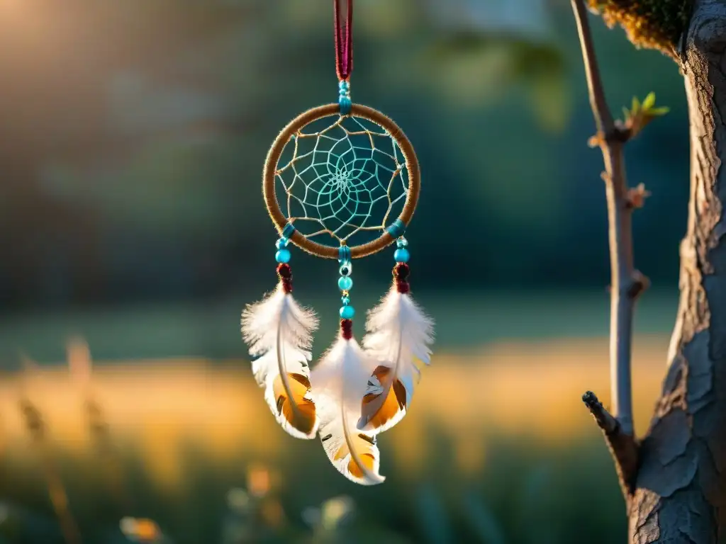 Un atrapasueños colorido y detallado colgando de una rama, iluminado por el sol poniente en un bosque sereno