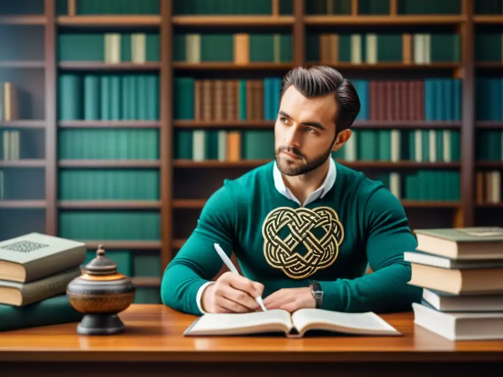 Un autor contemporáneo rodeado de libros, inspirado por la cultura celta en su escritura