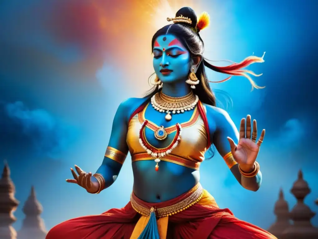 Un bailarín indio contemporáneo realiza la Danza de Shiva con movimientos intrincados y colores vibrantes de azul, rojo y oro