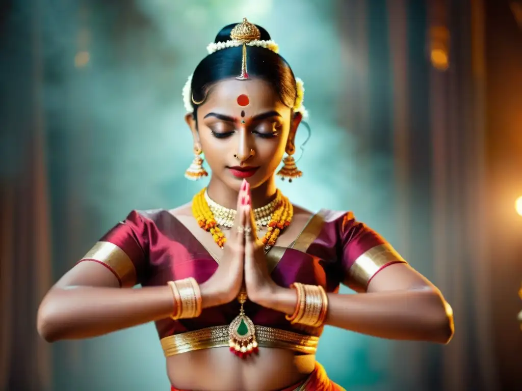 Una bailarina de Bharatanatyam ejecuta mudras con precisión y emoción