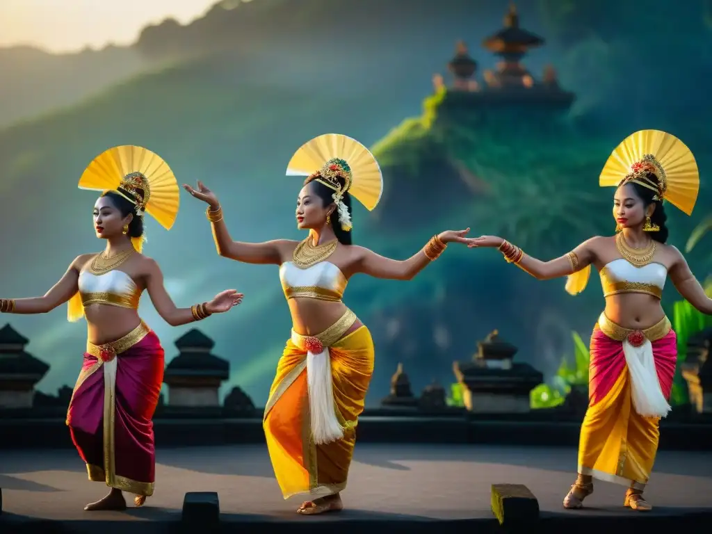 Baile tradicional en Bali al atardecer: misterios espirituales templos Bali, danzantes elegantes y coloridos, espectadores maravillados