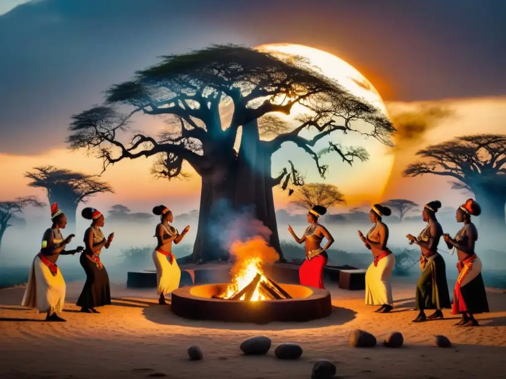 Un baile tribal africano bajo un eclipse solar parcial, enmarcado por baobabs, revela la cosmología africana