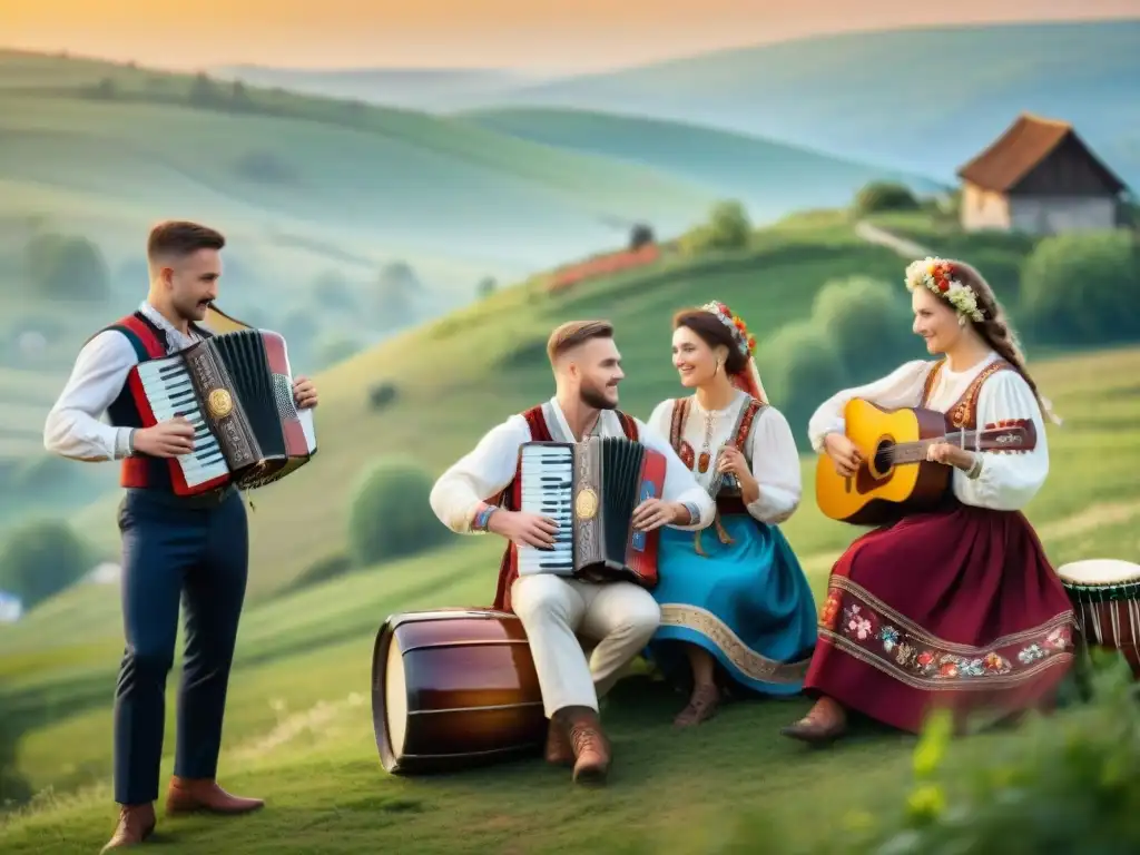 Una banda folclórica eslava tocando al atardecer, rodeada de gente bailando y aplaudiendo