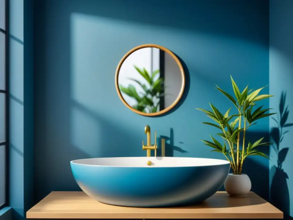 Baño zen con plantas de bambú y elementos feng shui Baño sereno con elementos Feng Shui: planta de bambú, espejo y tonos azules
