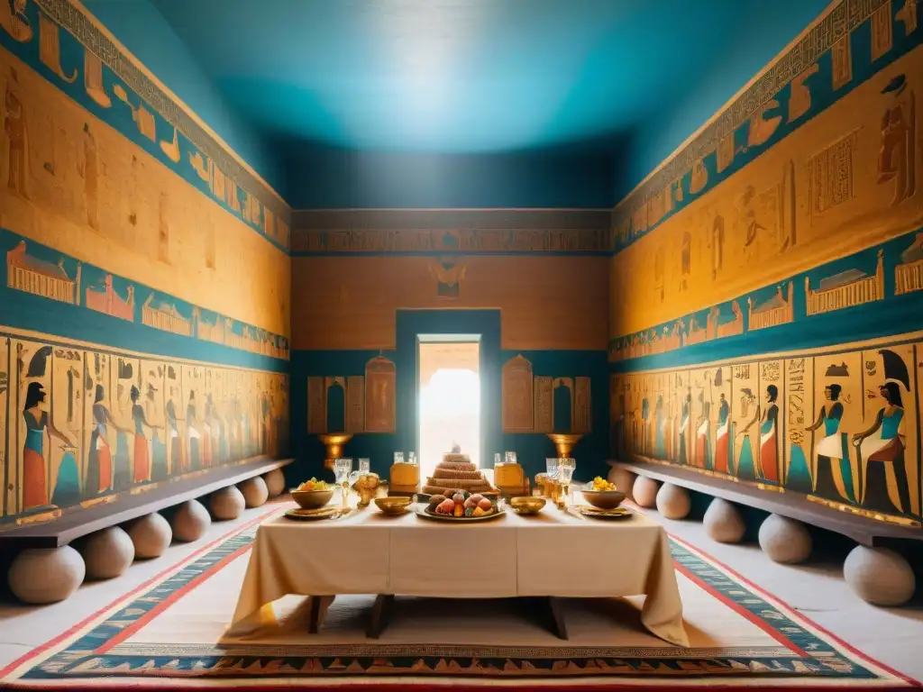 Banquete lujoso en el antiguo Egipto: Faraones y nobles disfrutan de exquisitos manjares rodeados de opulencia