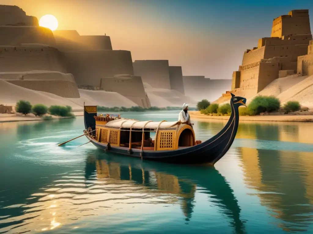 Un barco de comercio mesopotámico navega con elegancia por el río Éufrates al atardecer, reflejando la vital navegación de la antigua Mesopotamia