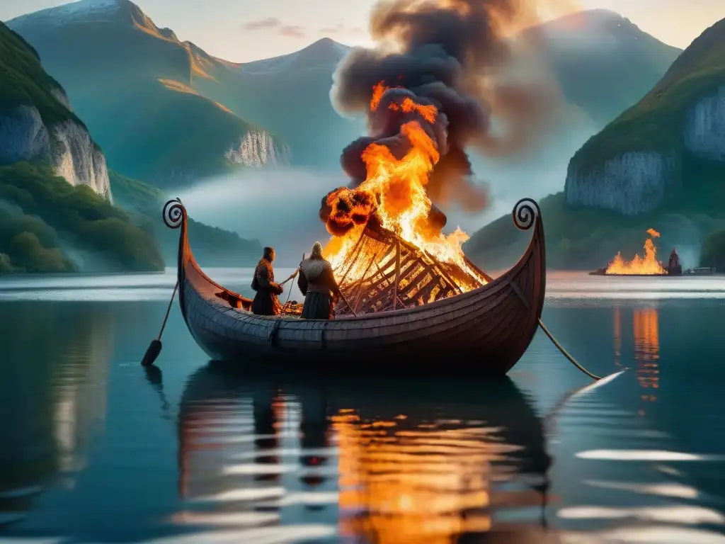 Un barco funerario vikingo ardiendo en un lago rodeado de montañas, honrando rituales funerarios vikingos honor