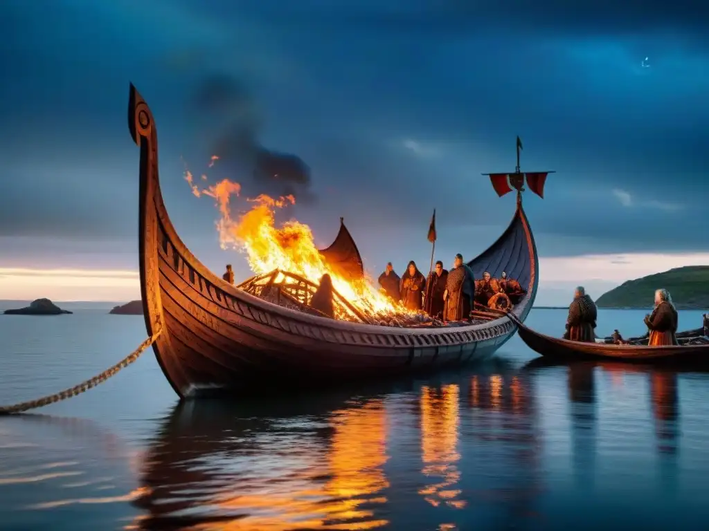 Un barco funerario vikingo en llamas bajo el cielo nocturno, reflejando en el agua, con siluetas de espectadores en la orilla