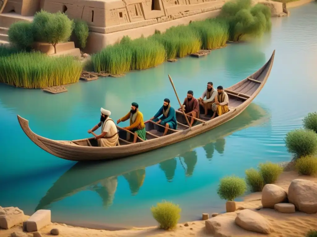 Barco Mesopotamia navega río, escena detallada muestra vida antigua en riberas