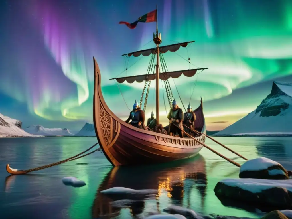 Un barco vikingo surca aguas heladas bajo la aurora boreal, con guerreros en armaduras de piel