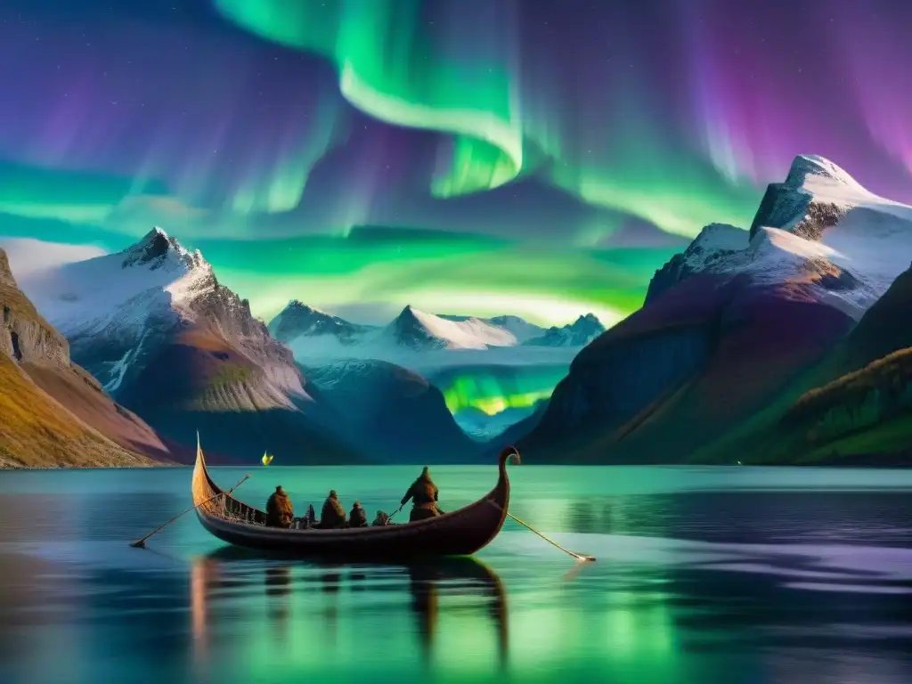 Un barco vikingo navega bajo la aurora boreal verde y morada, con montañas al fondo