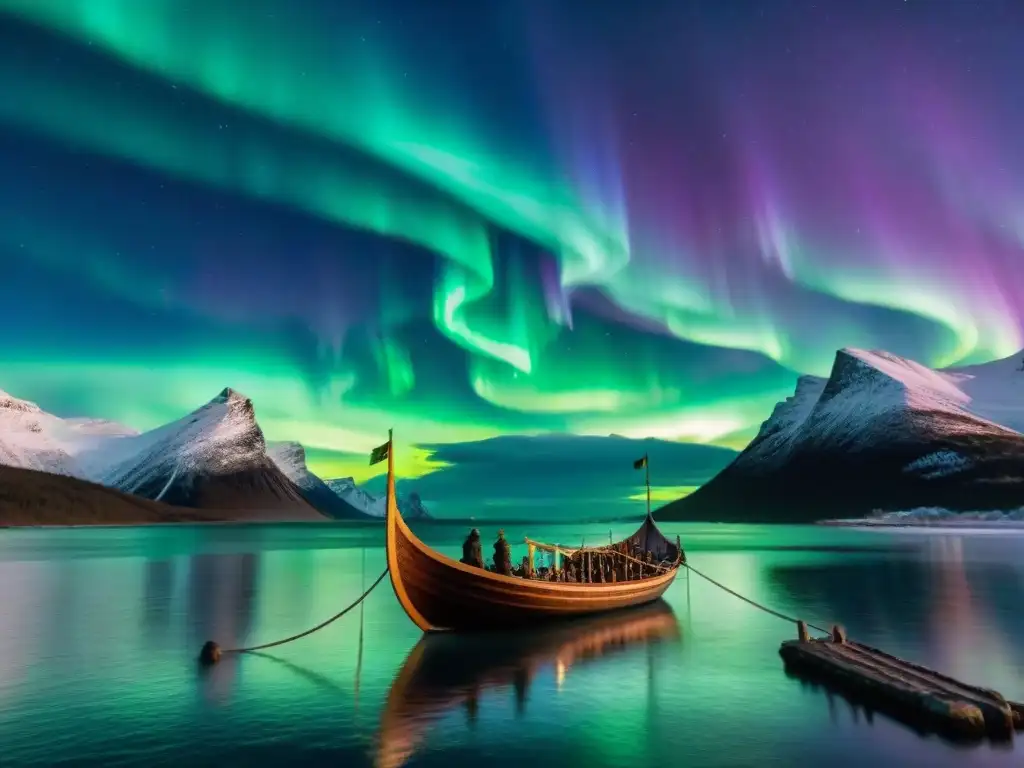 Un barco vikingo navega bajo las auroras boreales y la Rueda Zodiacal Nórdica, fusionando mitología y astrología