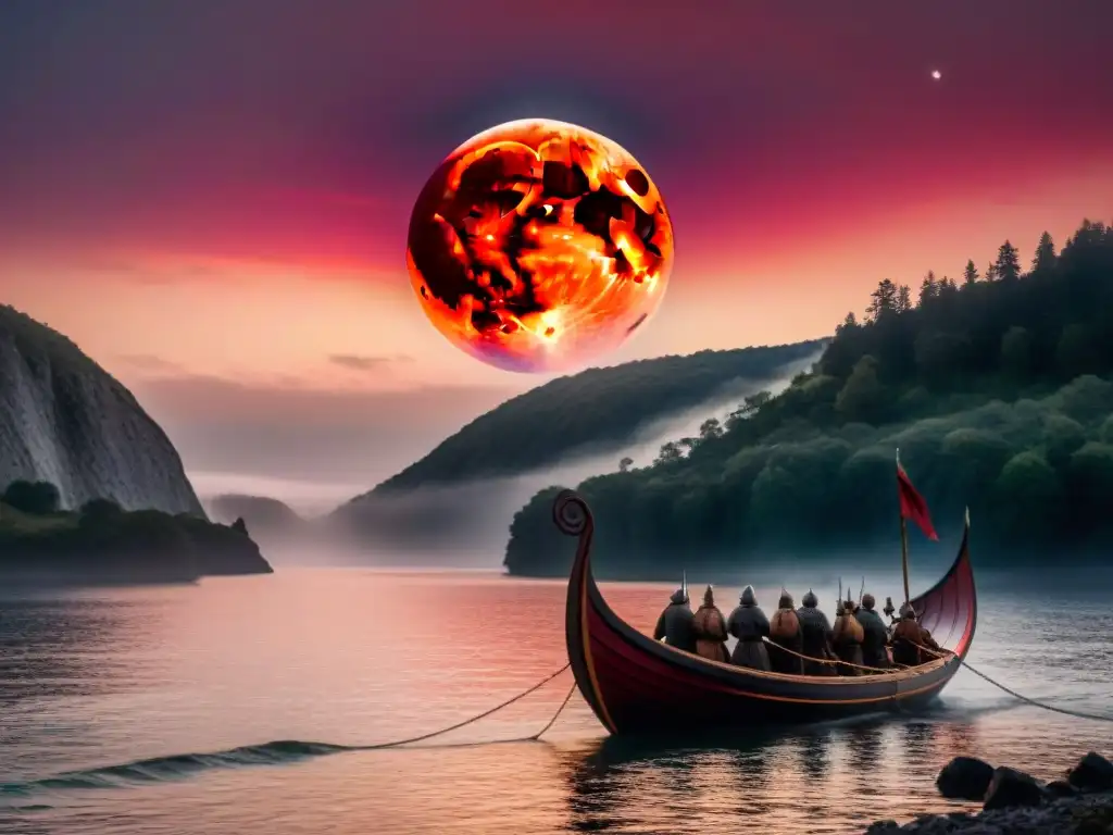 Un barco vikingo navega bajo un eclipse solar total rojo sangre, mientras la tripulación mira maravillada