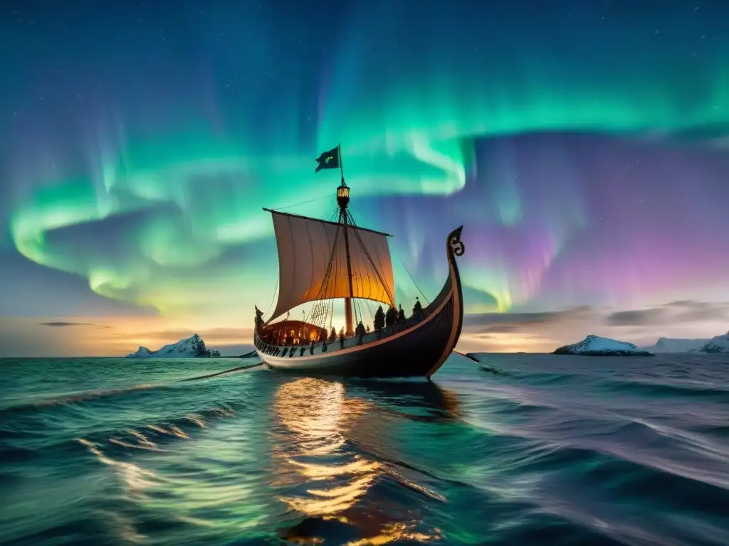 Un barco vikingo navegando bajo las estrellas, iluminado por la Aurora Boreal