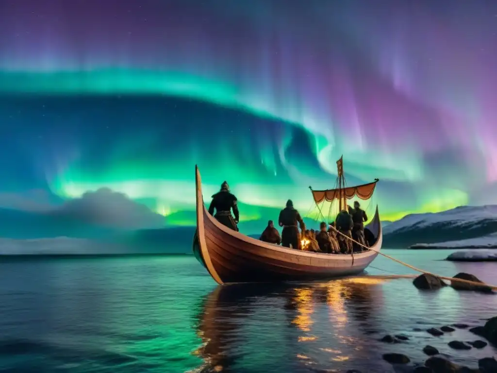 Un barco vikingo navega bajo las luces del norte con tripulación diversa fusionando tradiciones ancestrales y cultura contemporánea