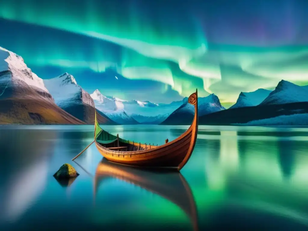 Barco vikingo tallado con runas, navegando bajo la Aurora Boreal en paisaje nórdico, inspiración creativa arte vikingo