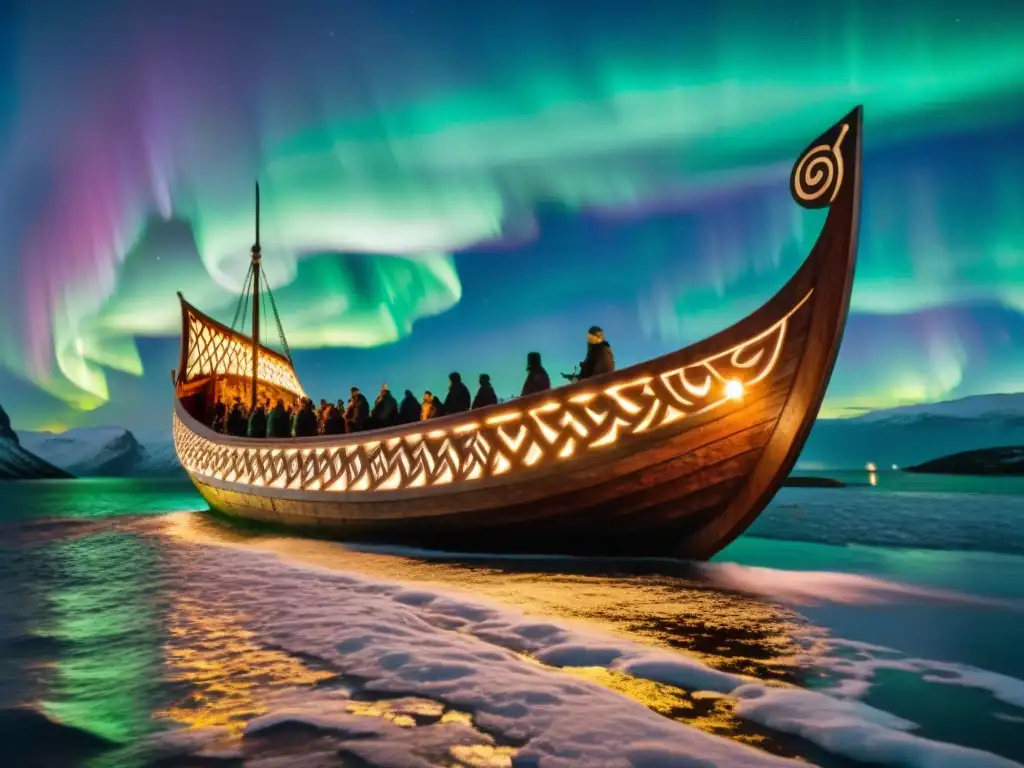 Un barco vikingo con tallados de cuarzo navegando bajo la aurora boreal en un fiordo nórdico