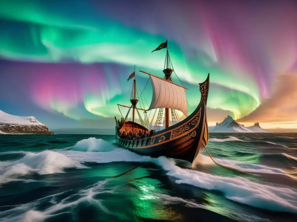 Un barco vikingo navegando hacia tierras misteriosas bajo la aurora boreal