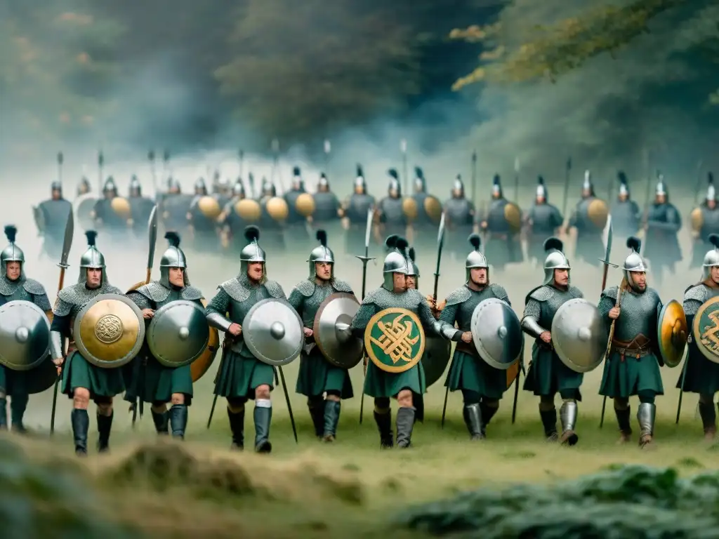 Batalla celta en la selva: armaduras y estrategia guerrera en 8k Formación de batalla celta con guerreros en armaduras elaboradas, tácticas de guerra en un bosque misterioso