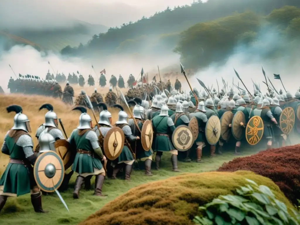 Batalla épica de guerreros celtas en bosque denso Batalla celta con guerreros en formaciones tácticas, luchando en un denso bosque