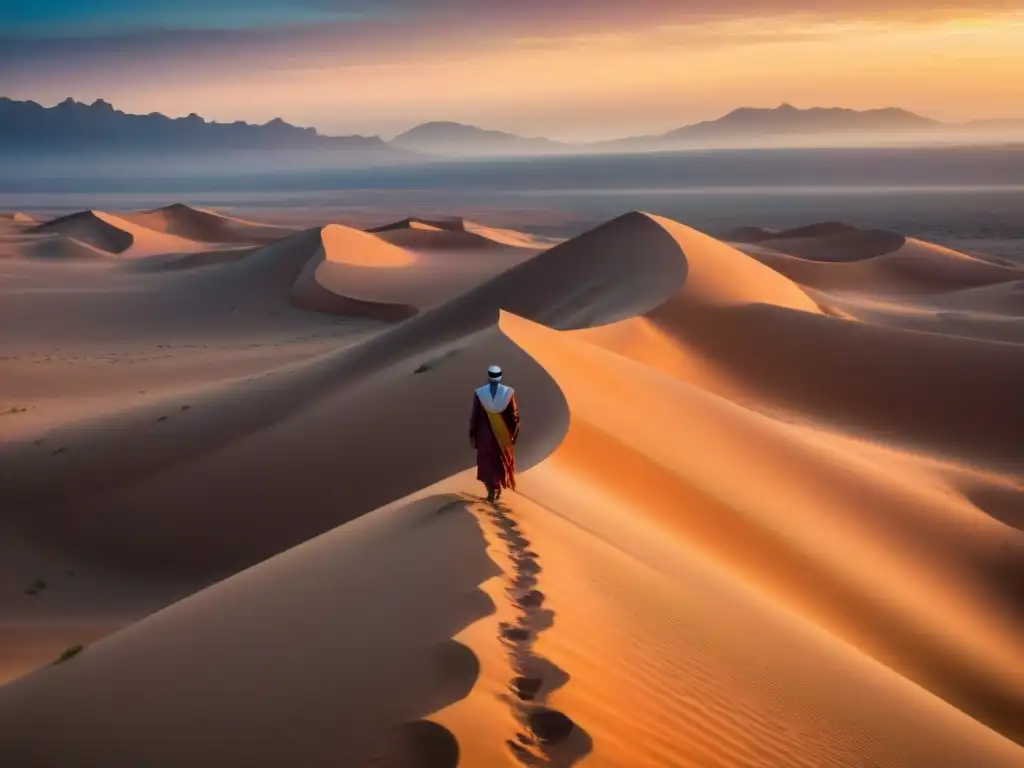 Un beduino contempla la vastedad del desierto al atardecer