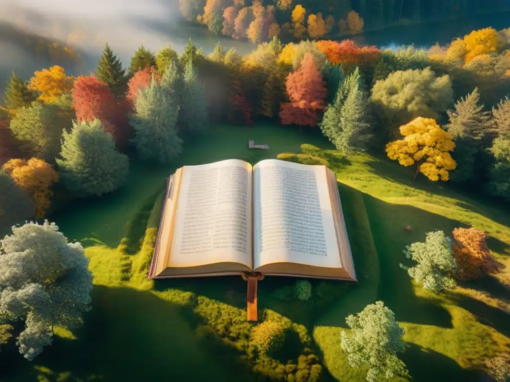 Una biblioteca antigua eslava misteriosa en un bosque otoñal, con colores vibrantes y páginas antiguas al viento