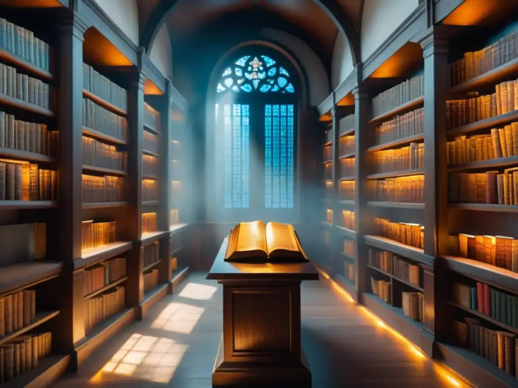 Una biblioteca eslava misteriosa con antiguos pergaminos y libros, iluminada por una tenue luz etérea