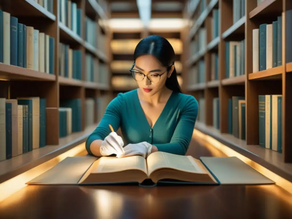 Un bibliotecario digitaliza un manuscrito antiguo en una biblioteca histórica, fusionando lo tradicional con lo contemporáneo