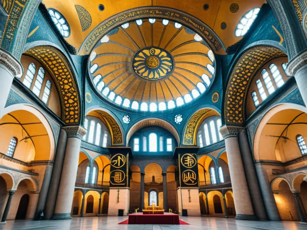 Hagia Sophia: Majestuosidad histórica en 8k Reconstrucción de Constantinopla Imperio Bizantino: Majestuosa catedral Hagia Sophia con su cúpula, minaretes y fachada detallada bajo cielo azul