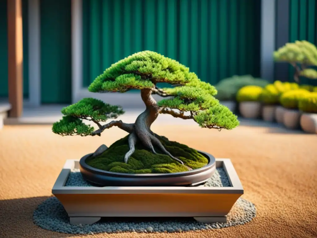 Un bonsái verde exuberante en un jardín zen para meditación, con delicadas sombras y luz filtrada entre las hojas