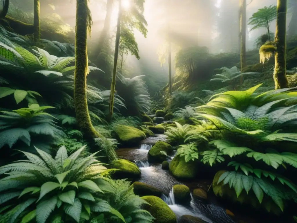 Un bosque ancestral bañado en luz dorada, con árboles majestuosos y un arroyo cristalino