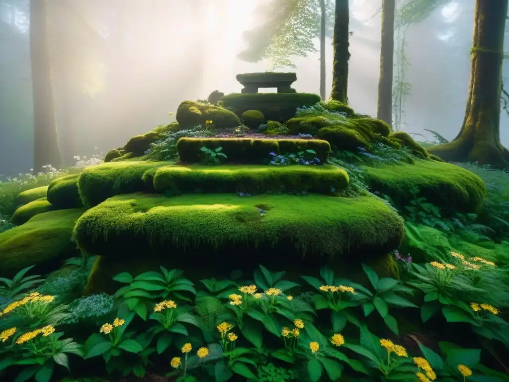 Un bosque antiguo con árboles cubiertos de musgo verde vibrante, un altar de piedra rodeado de flores silvestres