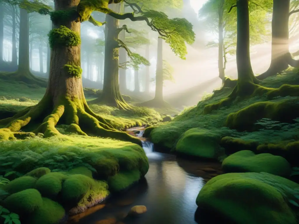 Un bosque celta ancestral y sereno con robles majestuosos, luz filtrándose entre las hojas verdes, rocas cubiertas de musgo y un arroyo en calma