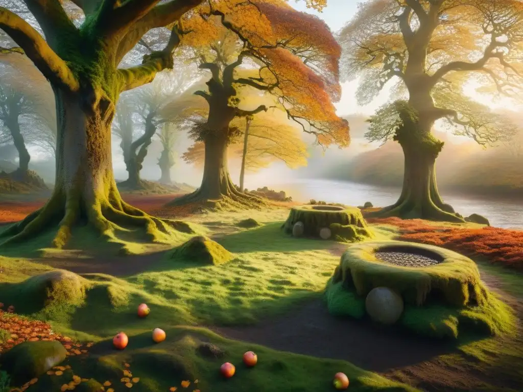 Un bosque celta exuberante durante el equinoccio de otoño, con hojas doradas y naranjas cayendo de los robles antiguos