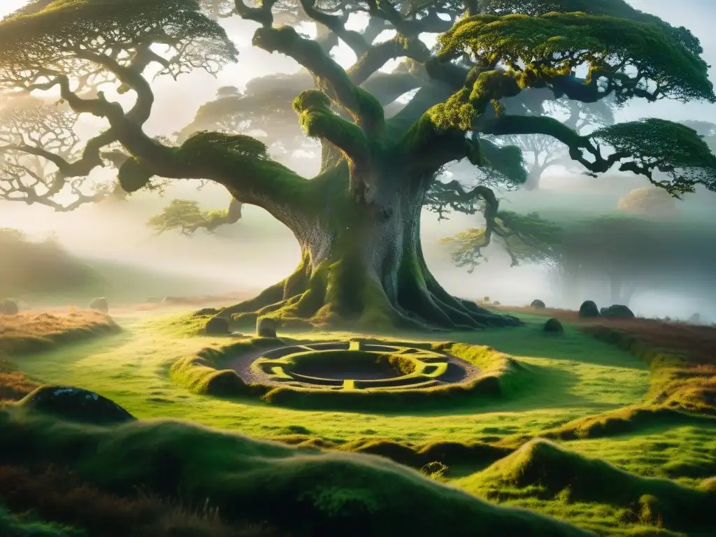 Un bosque celta místico al atardecer, con robles ancestrales y un círculo de piedras en la penumbra