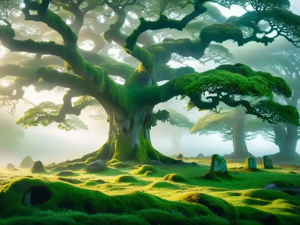 Bosque celta místico al amanecer con robles cubiertos de musgo verde y flores silvestres