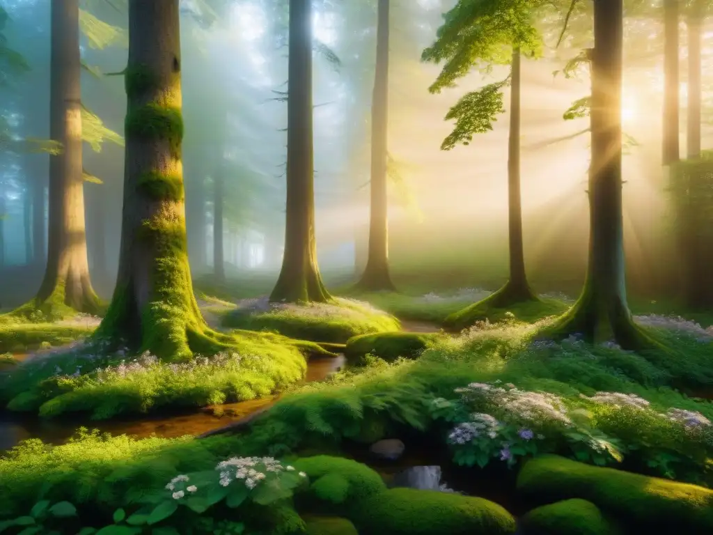 Un bosque encantado al atardecer, con hadas celtas danzando en un claro misterioso entre árboles ancestrales