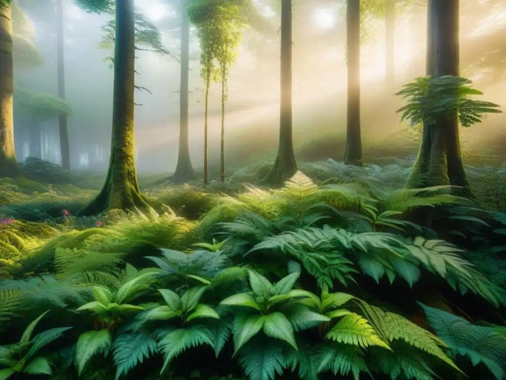 Un bosque encantado al atardecer, con plantas mágicas y herbolaria neopaganas bajo la luz dorada del sol poniente