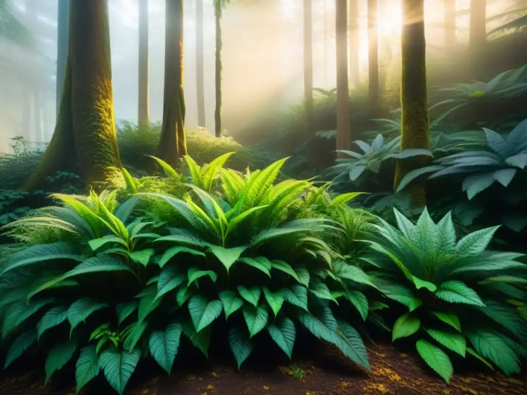 Un bosque encantado con plantas mágicas y herbolaria neopaganas, bañado en luz dorada y misterio