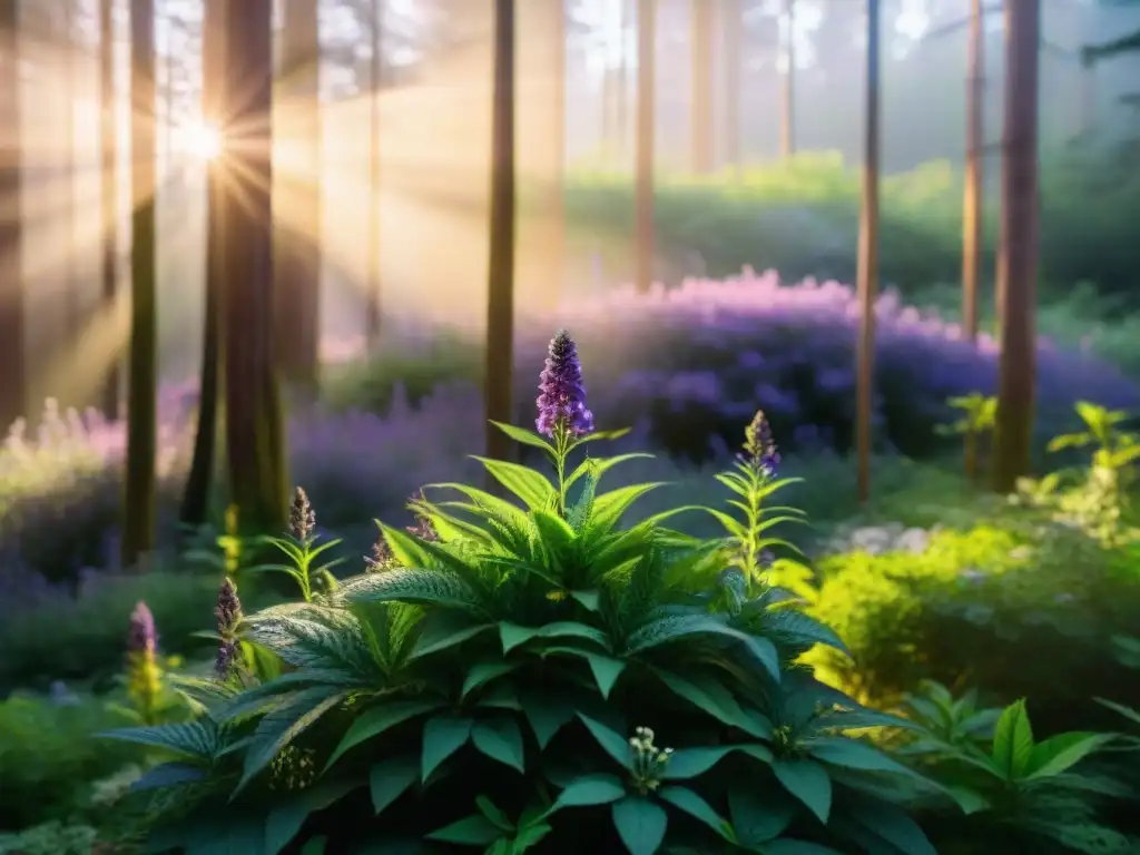 Un bosque exuberante bañado en luz dorada, con plantas vibrantes y flores moradas, transmite protección y energía positiva