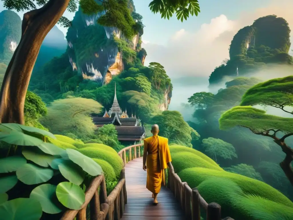 Un bosque exuberante en Tailandia con un camino serpenteante que lleva a un templo tranquilo