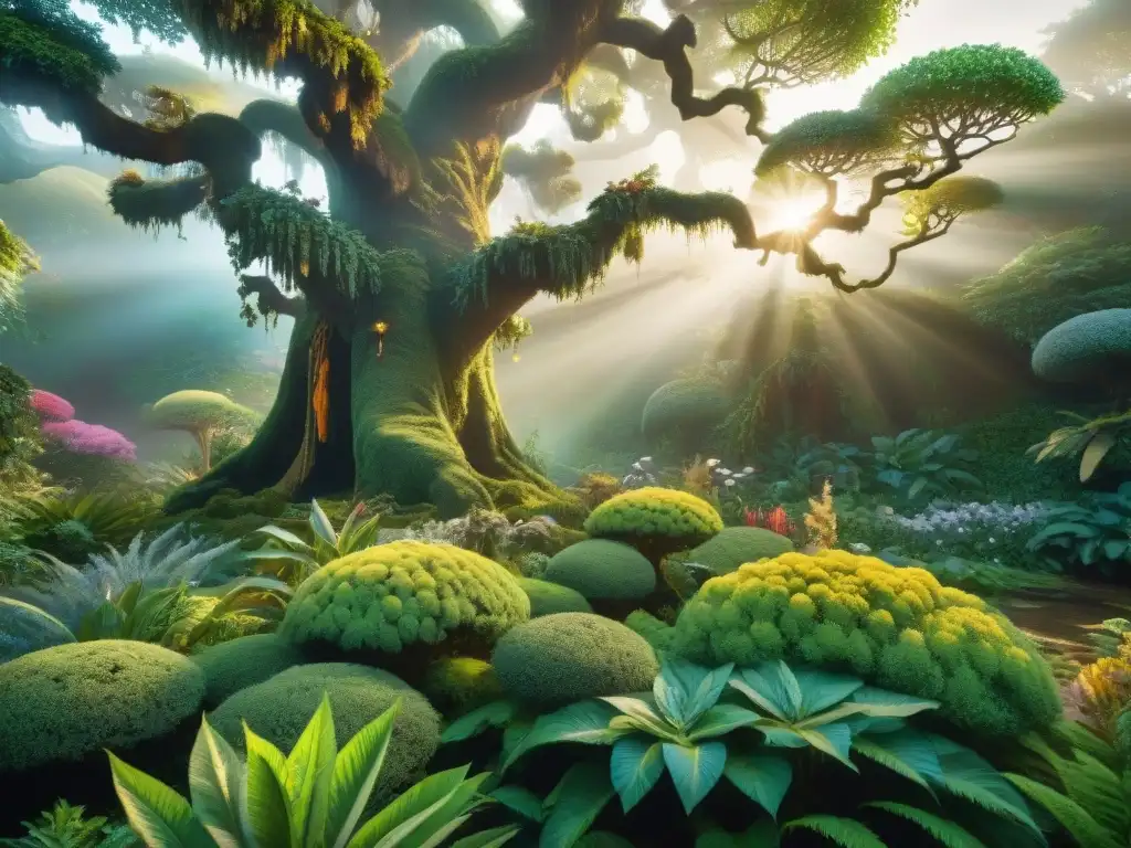 Un bosque mágico lleno de plantas vibrantes y seres míticos