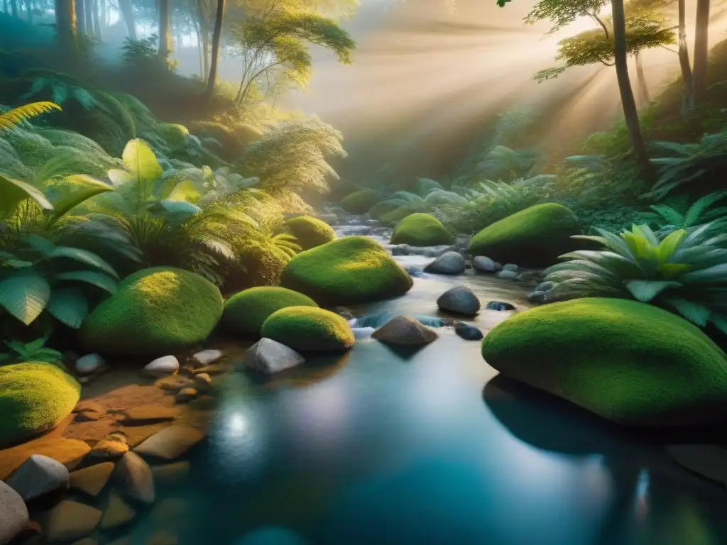 Un bosque místico al atardecer iluminado por cristales brillantes, evocando el Poder de los Cristales en Sueños