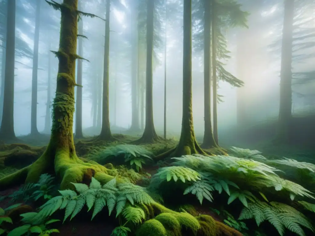 Un bosque místico con niebla al amanecer, evocando las creencias celtas sobre el otro mundo