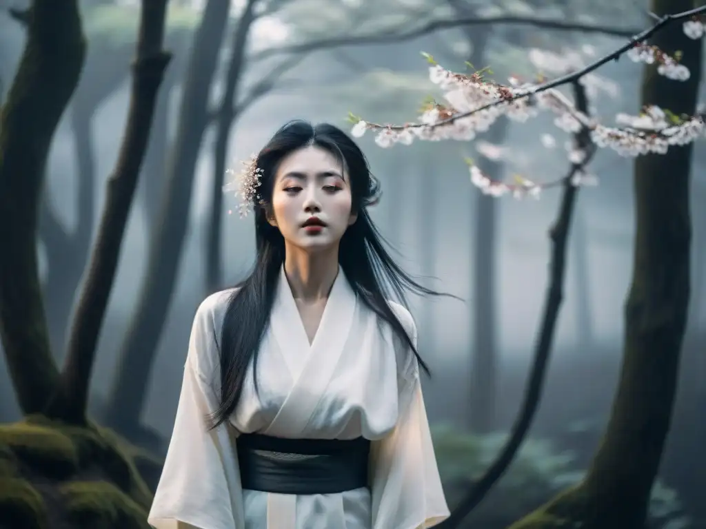 Un yurei japonés flota en un bosque neblinoso al atardecer, con un kimono blanco y cabello desaliñado, rodeado de pétalos de cerezo