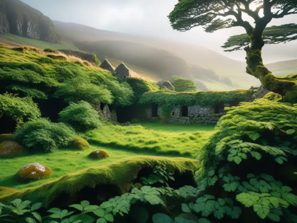 Un bosque verde exuberante en Irlanda, con ruinas celtas antiguas entre la frondosa vegetación, creando una atmósfera mística y serena