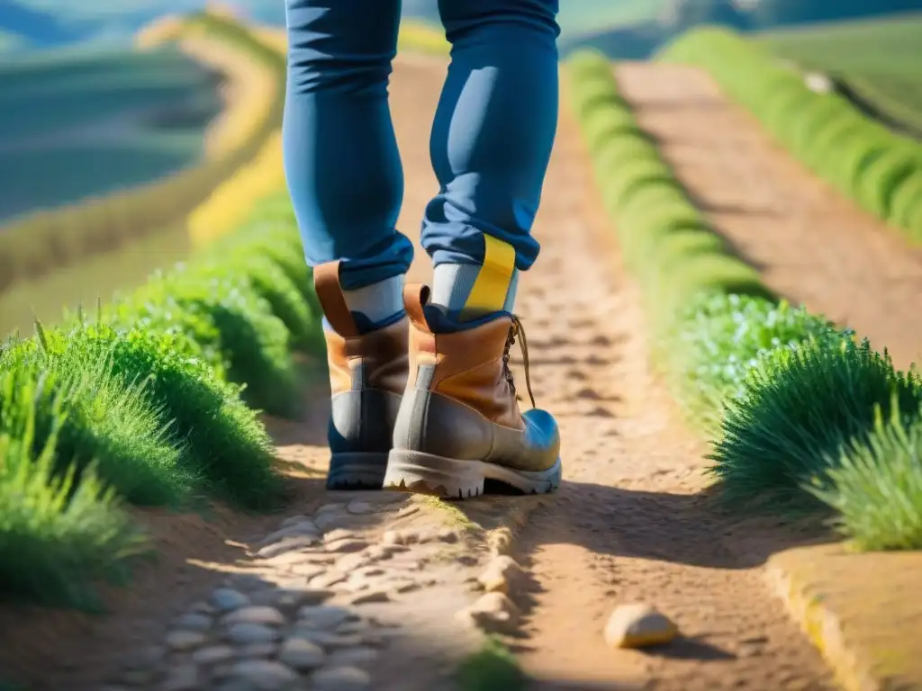 Botas de peregrino cubiertas de polvo y barro en el Camino de Santiago