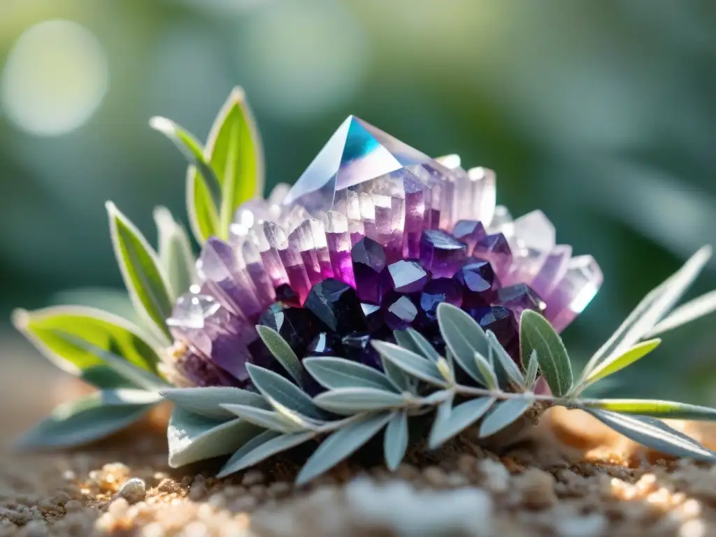 Brillante amuleto púrpura de amatista sobre hojas de salvia blanca, reflejando luz solar