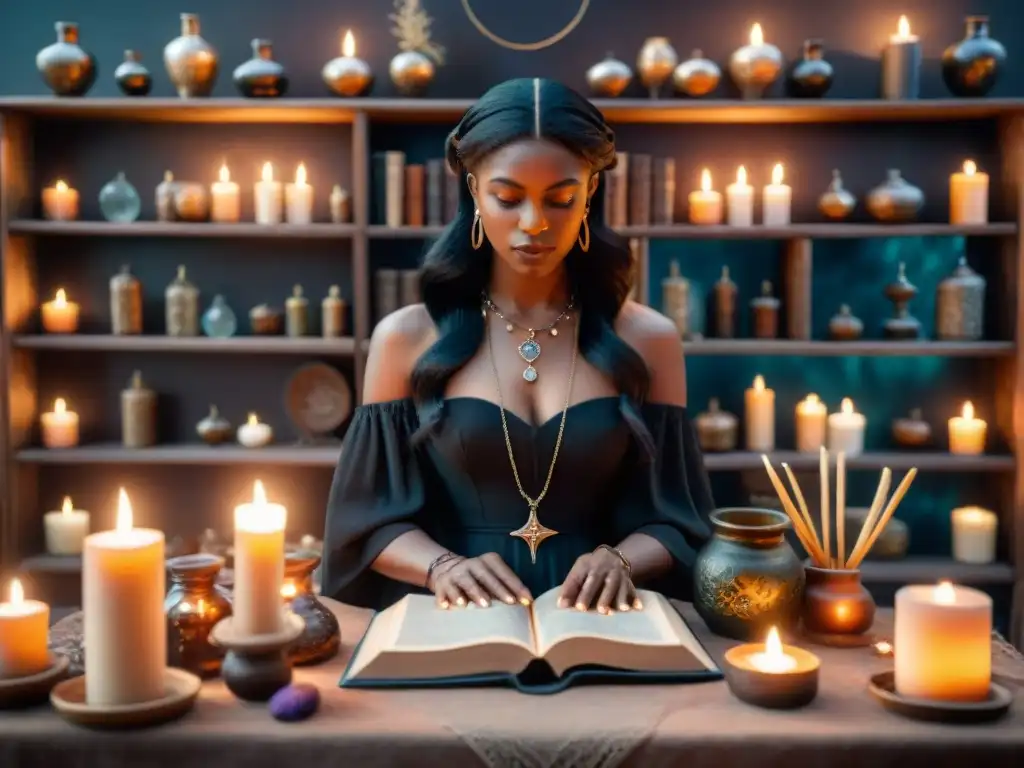 Una bruja moderna en su altar, conjurando amor